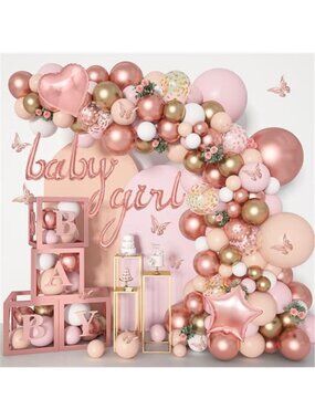 Baby Shower Balloon Arch Kit Pink Gold Decorations Baby Boxes Girl Party